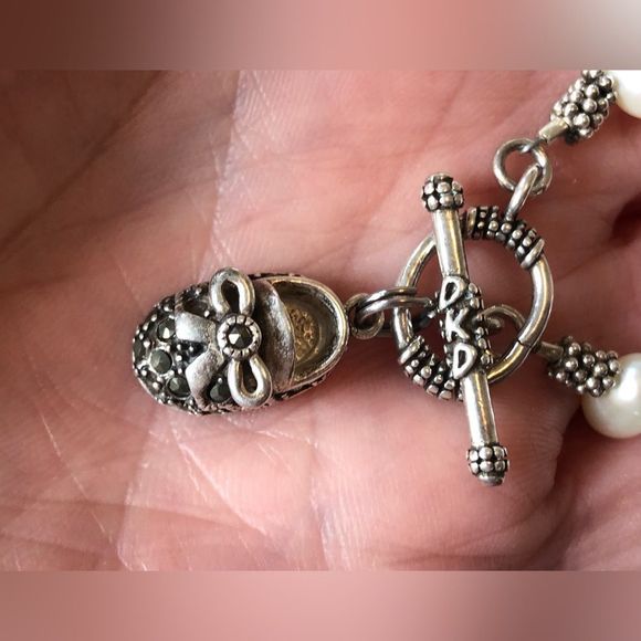 925 Pearl with black sapphire bootie charm bracelet 7 1/4” - Picture 10 of 11